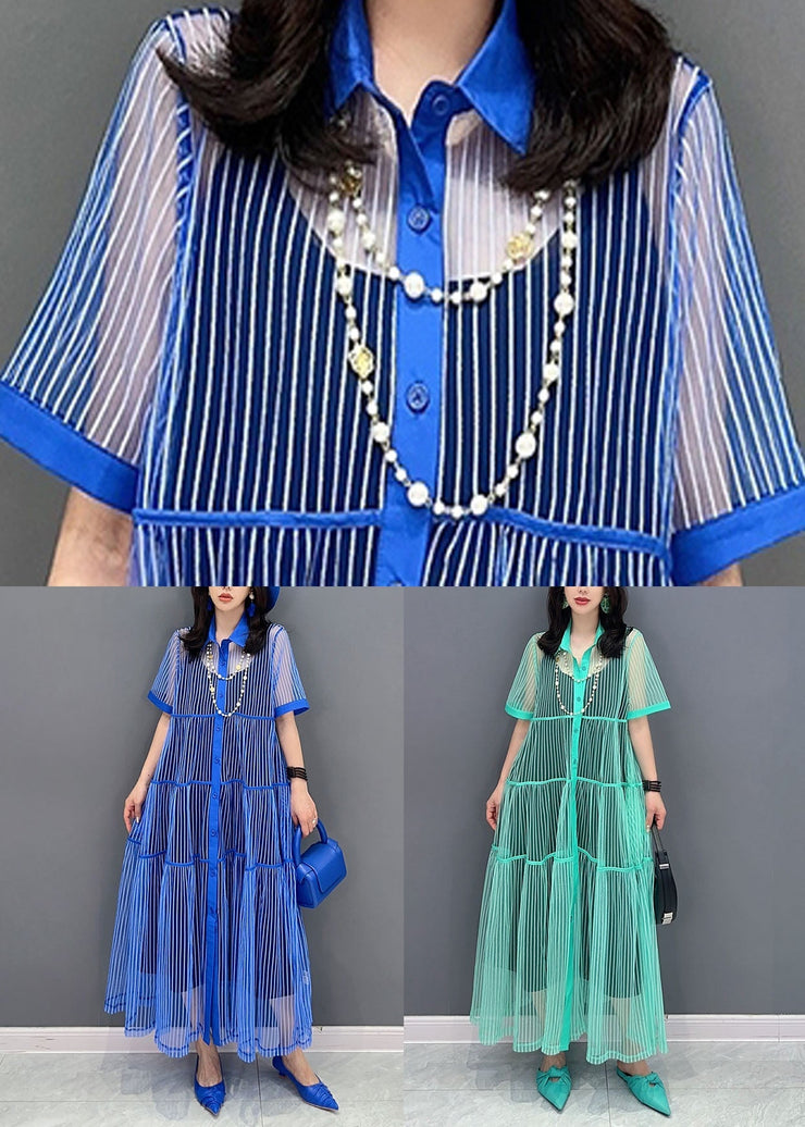 Boutique Blue Striped Peter Pan Collar Patchwork Tulle Shirts Dress Summer