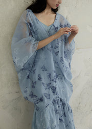 Boutique Blue V Neck Butterfly Tulle Long Smock Fall