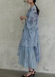 Boutique Blue V Neck Butterfly Tulle Long Smock Fall