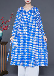 Boutique Blue V Neck Plaid Silk Holiday Dress Long Sleeve