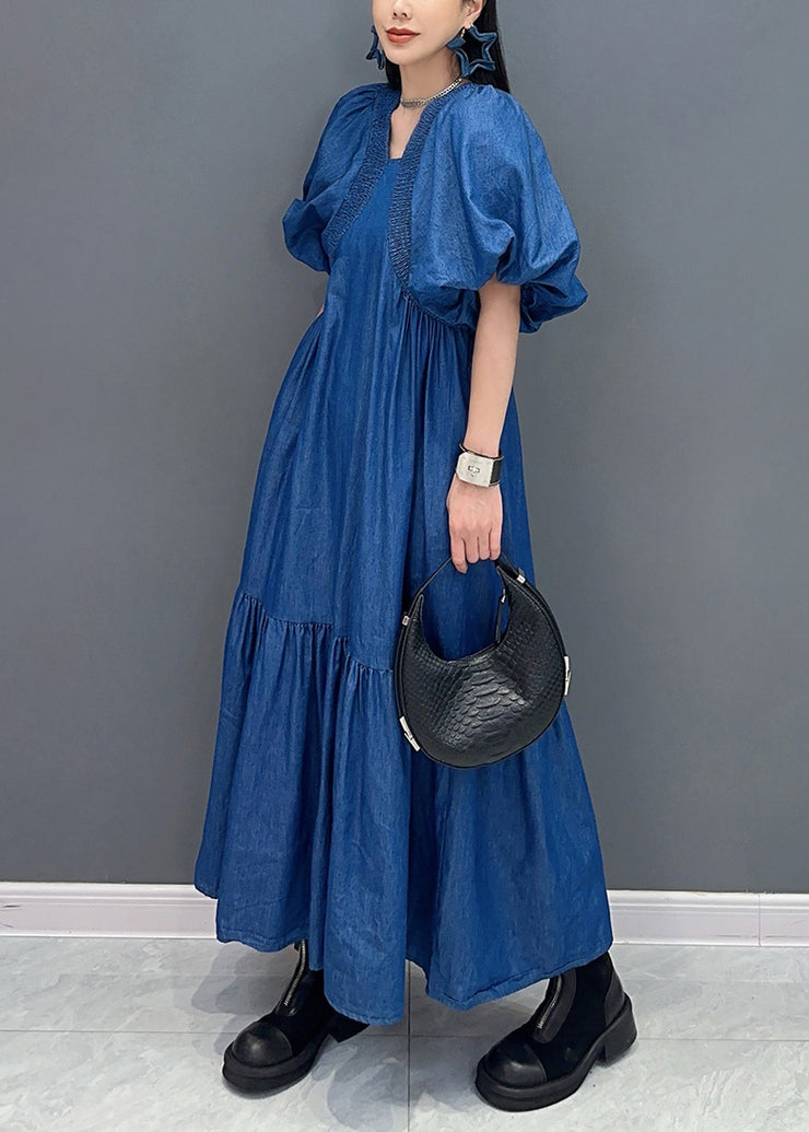 Boutique Blue V Neck Puff Sleeve Patchwork Denim Long Dress
