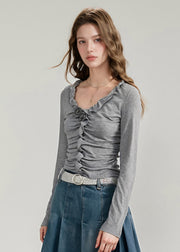 Boutique Blue V Neck Ruffled Cotton T Shirts Top Fall