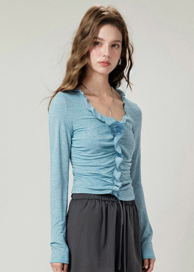 Boutique Blue V Neck Ruffled Cotton T Shirts Top Fall