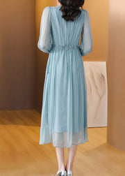 Boutique Blue V Neck Wrinkled Lace Up Silk Dress Summer