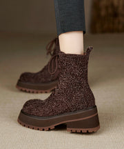 Boutique Brown Fuzzy Cowhide Leather Platform Boots Cross Strap