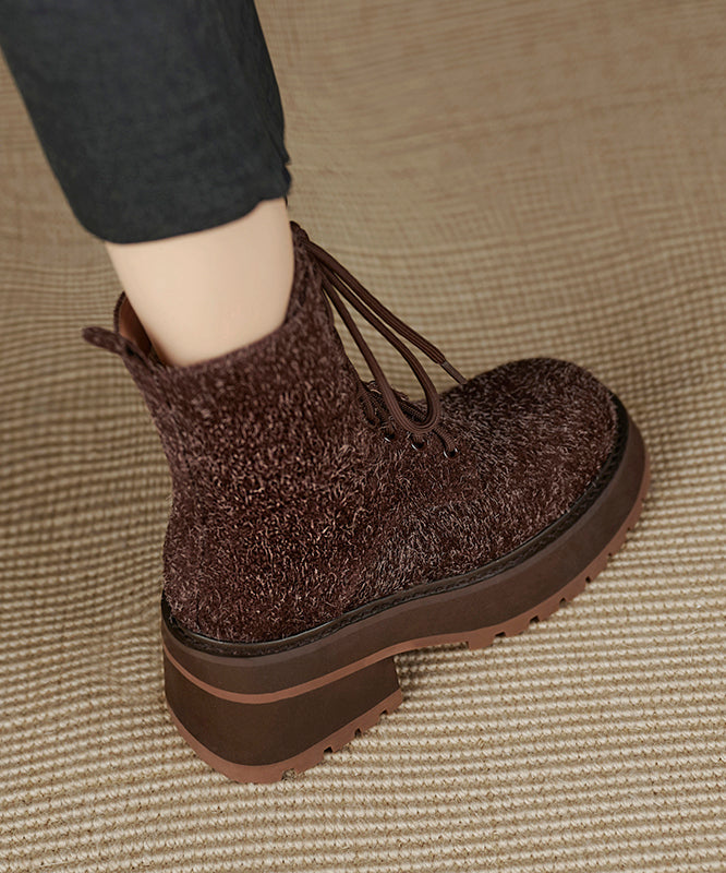 Boutique Brown Fuzzy Cowhide Leather Platform Boots Cross Strap