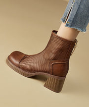 Boutique Brown Hollow Out Chunky Heel Hollow Out Boots Cowhide Leather