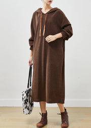 Boutique Brown Hooded Corduroy Long Dresses Spring