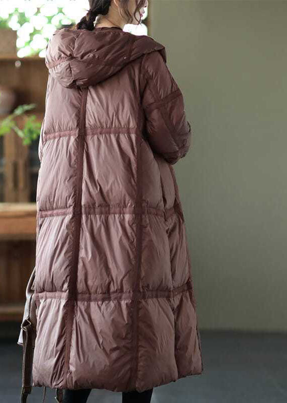 Boutique Brown Hooded Plaid Oversized Duck Down Puffer Long Coats Winter