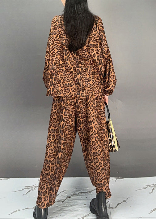 Boutique Brown Leopard Print Tops And Pants Cotton Two Pieces Set Fall