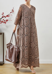 Boutique Brown Oversized Hollow Out Lace Maxi Dresses Summer