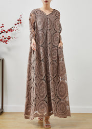 Boutique Brown Oversized Hollow Out Lace Maxi Dresses Summer