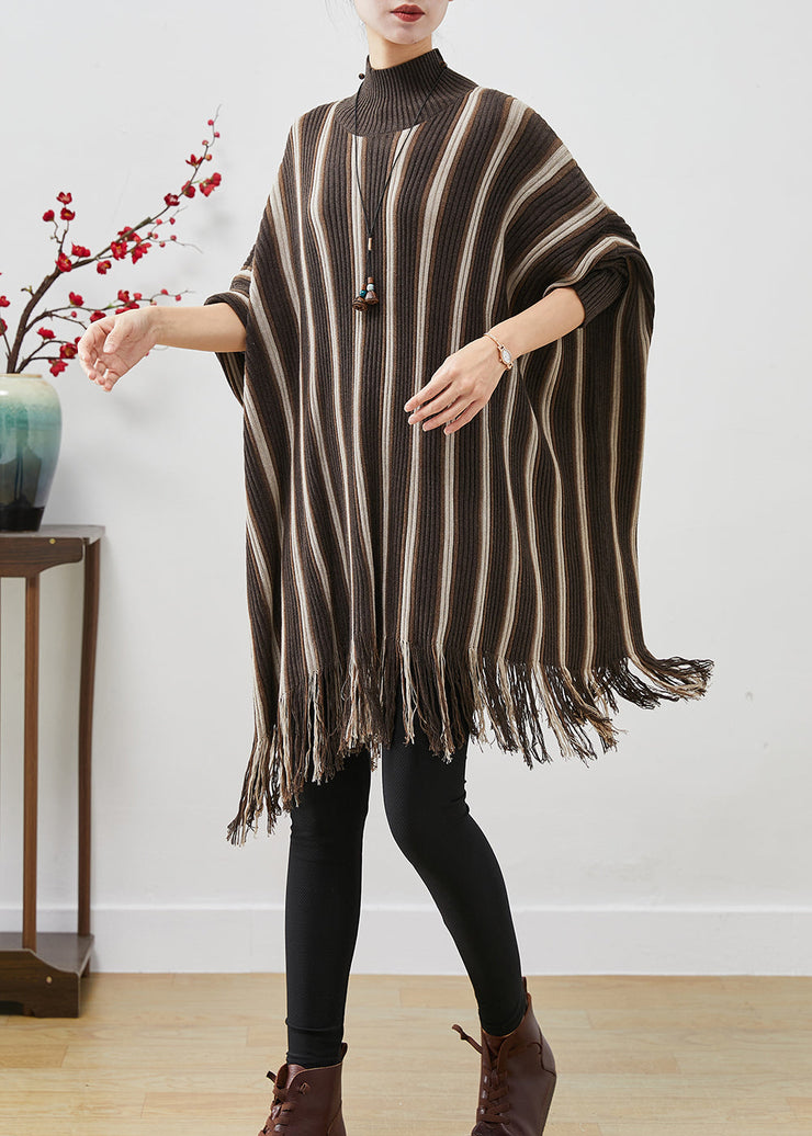 Boutique Brown Tasseled Striped Knit Sweater Dress Batwing Sleeve