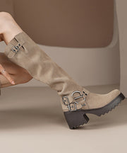 Boutique Camel Belt Buckle Chunky Heel Boots Suede