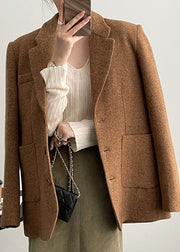 Boutique Caramel Brown Notched Pockets Button Woolen Coat Spring