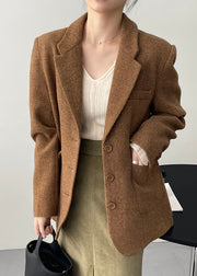 Boutique Caramel Brown Notched Pockets Button Woolen Coat Spring