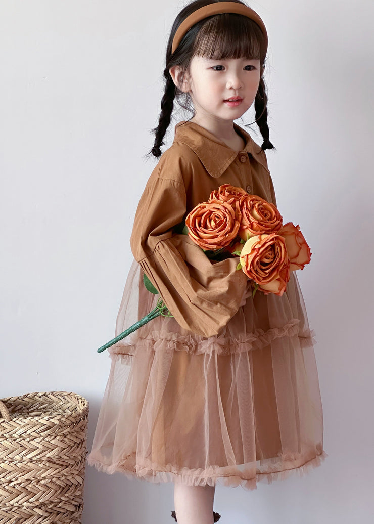 Boutique Caramel Peter Pan Collar Tulle Patchwork Cotton Baby Girls Dress Fall