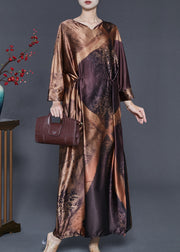 Boutique Caramel Print Side Open Silk Vacation Dresses Summer