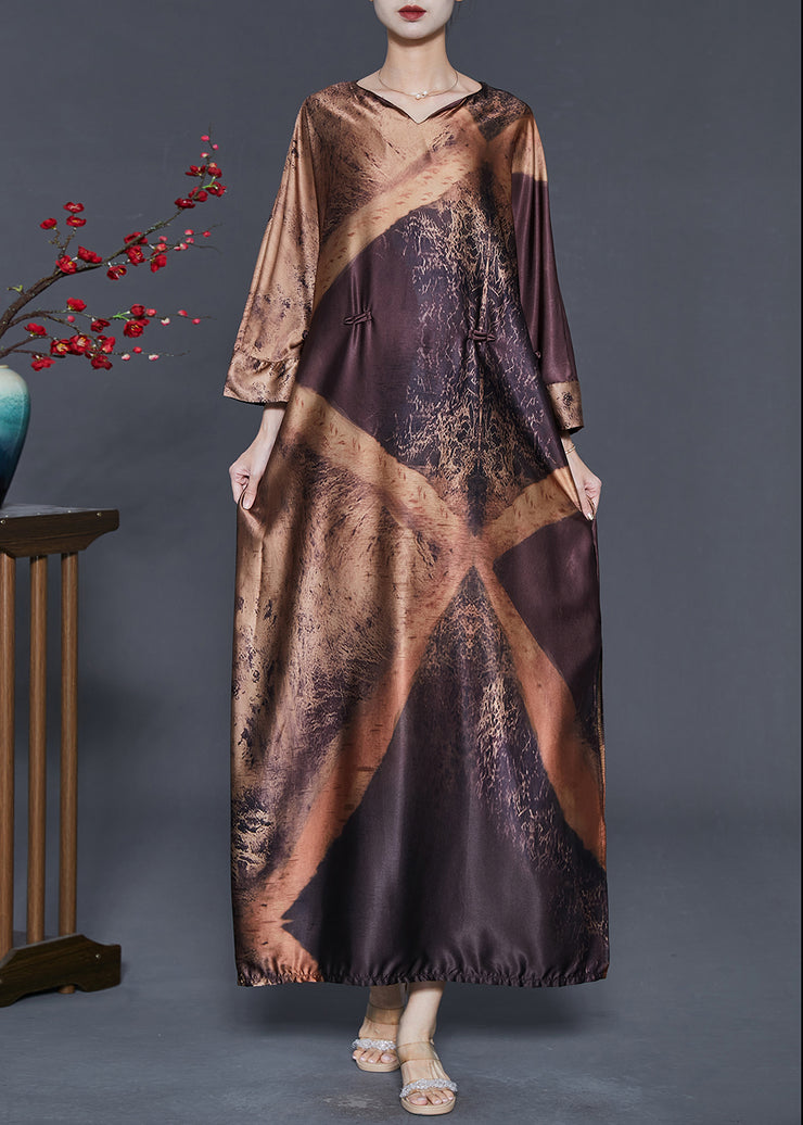 Boutique Caramel Print Side Open Silk Vacation Dresses Summer