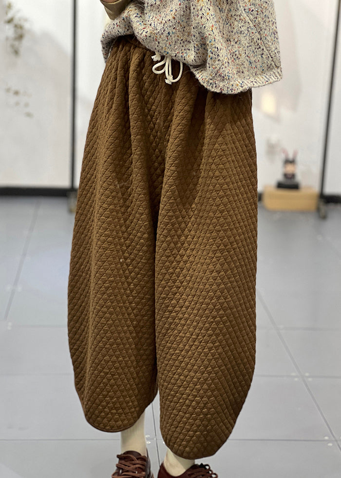 Boutique Casual Apricot Elastic Waist Fine Cotton Filled Wide Leg Pants Winter