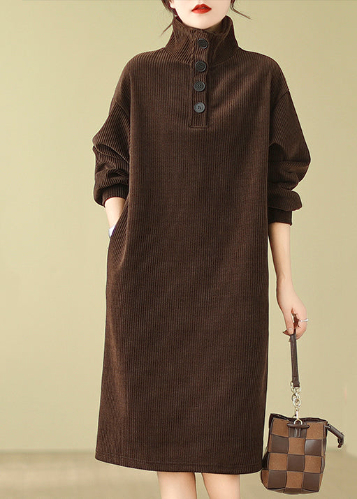 Boutique Casual Coffee Hign Neck Button Corduroy Dress Fall