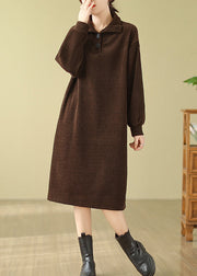 Boutique Casual Coffee Hign Neck Button Corduroy Dress Fall