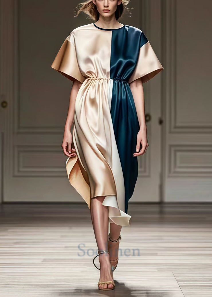 Boutique Champagne Cinched Patchwork Silk Long Dress Summer