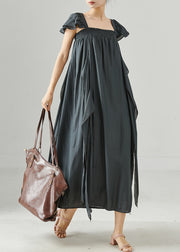 Boutique Charcoal Grey Ribbon Elastic Cotton Long Dresses Summer