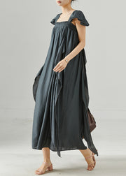 Boutique Charcoal Grey Ribbon Elastic Cotton Long Dresses Summer