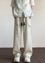 Boutique Chinese Style Beige Pockets Print Ice Silk Men Pants Summer