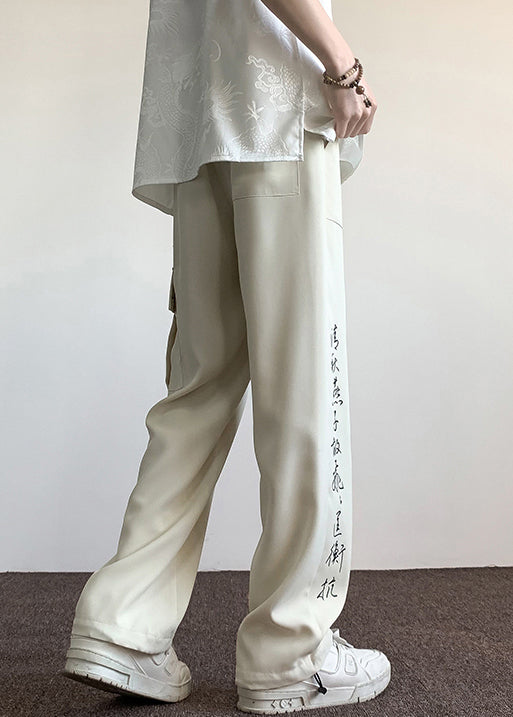 Boutique Chinese Style Beige Pockets Print Ice Silk Men Pants Summer