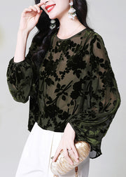 Boutique Chocolate O Neck Jacquard Silk Velour Shirt Tops Spring