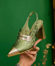 Boutique Chunky Heel Embroidery Pointed Toe Sandals Green
