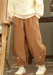 Boutique Coffee Embroideried Ruffled Patchwork Girls Harem Pants