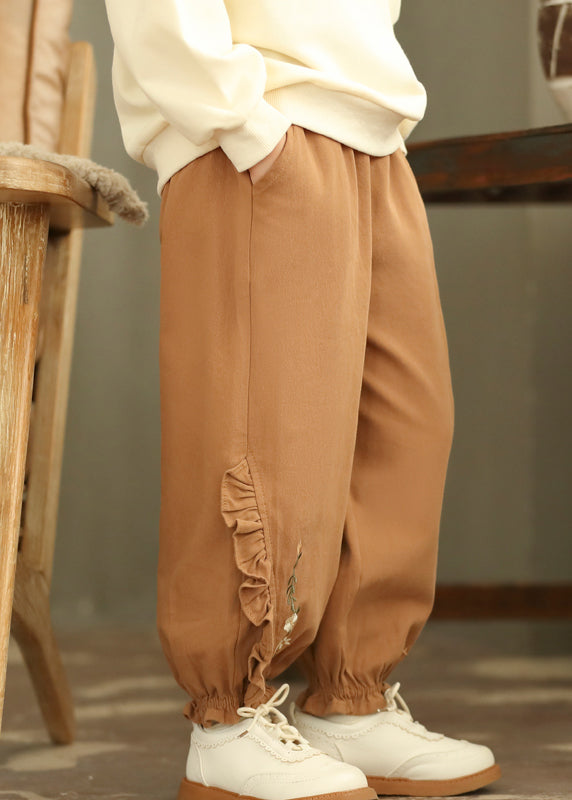 Boutique Coffee Embroideried Ruffled Patchwork Girls Harem Pants