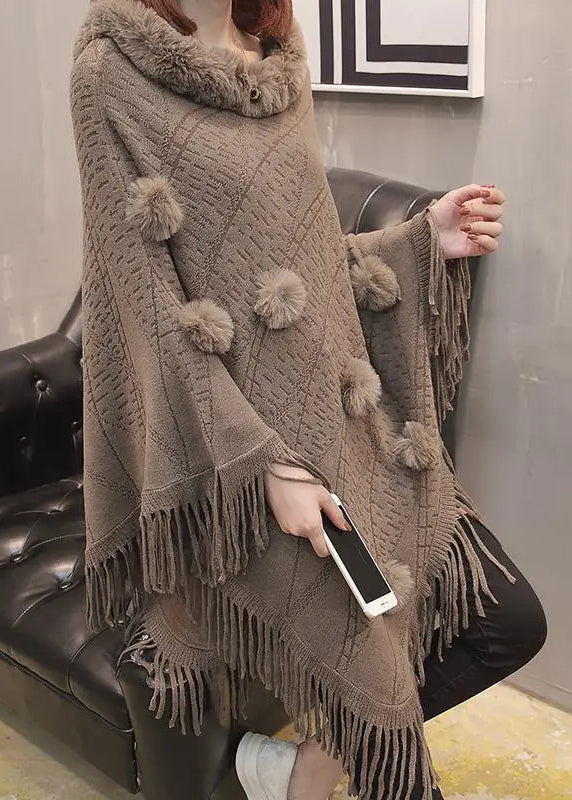 Boutique Chocolate Fur Collar Tassel Long Knit Sweater Coats Batwing Sleeve