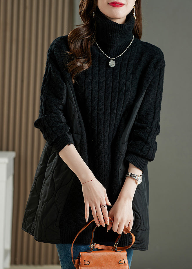 Boutique Coffee Hign Neck Thick Patchwork Knitted Sweaters Winter