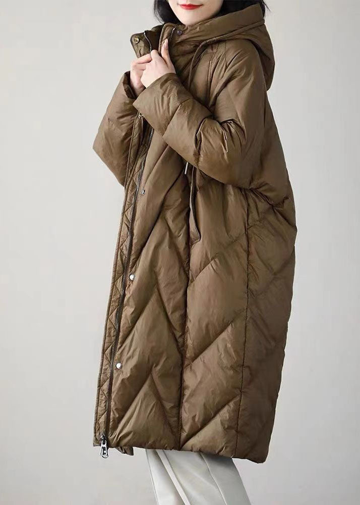 Boutique Chocolate Hooded Drawstring Pockets Duck Down Puffer Jacket Winter