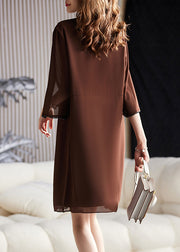 Boutique Coffee Patchwork Nail Bead Chiffon Mid Dresses Long Sleeve