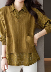 Boutique Coffee Peter Pan Collar False Two Pieces Woolen Knit Shirts Fall