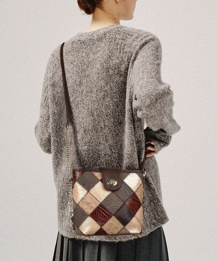 Boutique Coffee Plaid Patchwork Calf Leather Messenger Bag