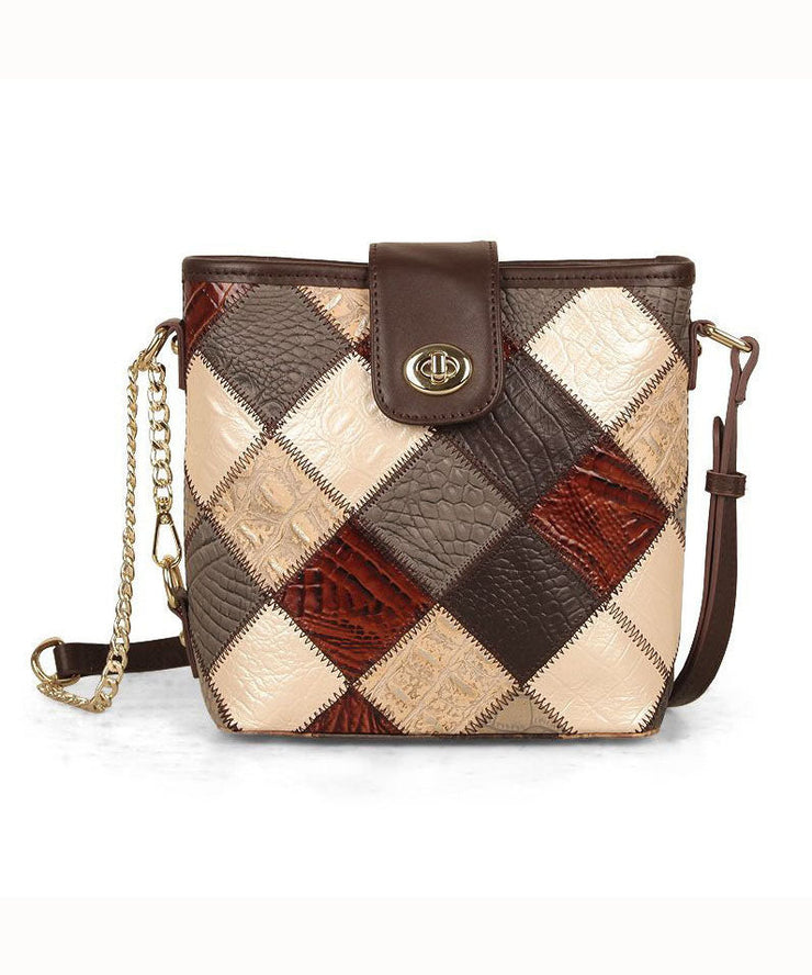 Boutique Coffee Plaid Patchwork Calf Leather Messenger Bag