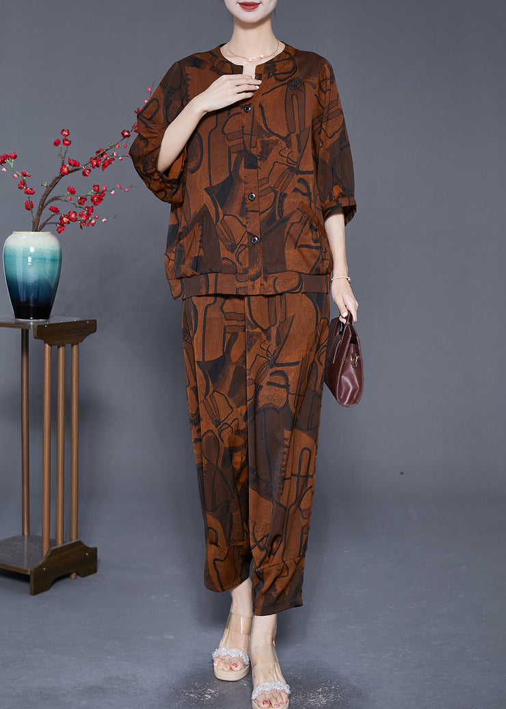 Boutique Coffee Print Pockets Silk Women Sets 2 Pieces Summer