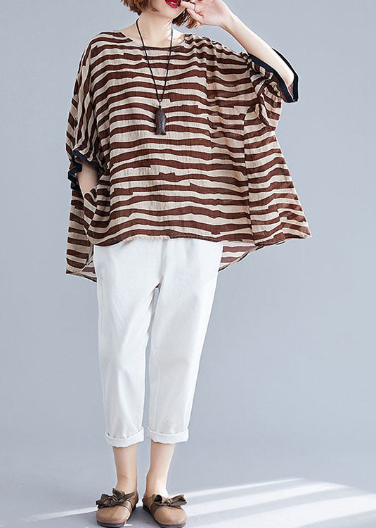 Boutique brown Striped Asymmetrical Patchwork Cotton Top Short Sleeve