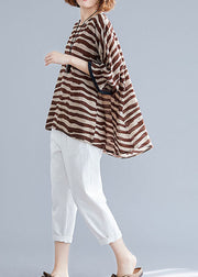 Boutique purple Striped Asymmetrical Patchwork Cotton Top Short Sleeve