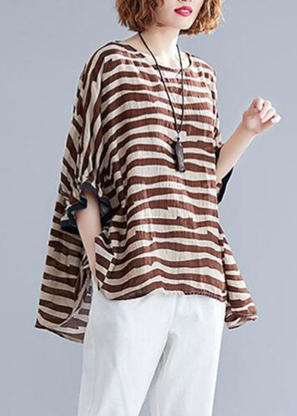 Boutique Chocolate Striped Asymmetrical Patchwork Cotton Top Short Sleeve