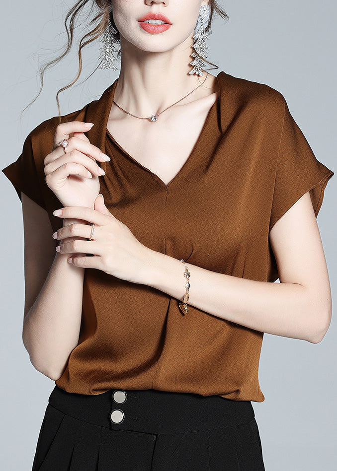 Boutique Coffee V Neck Solid Silk Shirt Short Sleeve