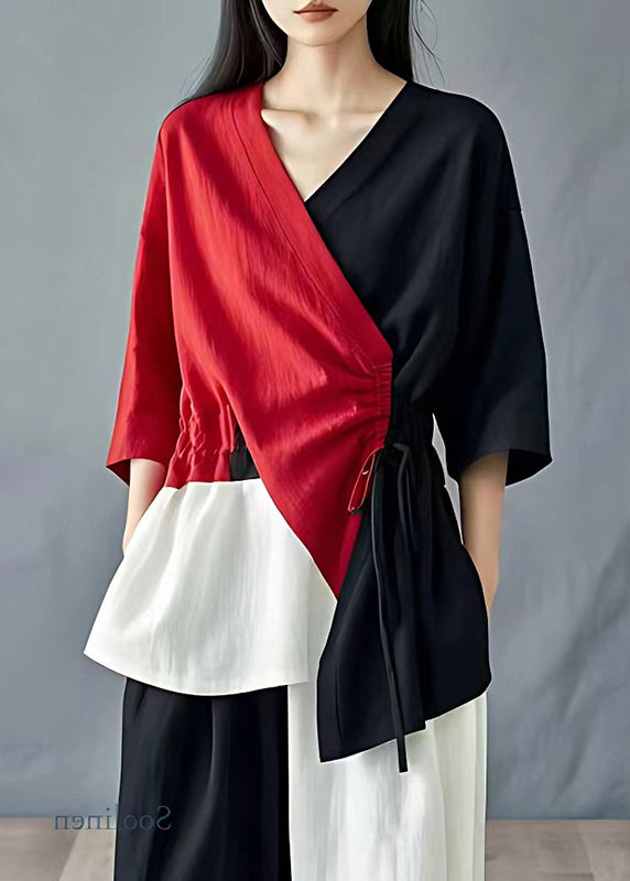 Boutique Colorblock Asymmetrical Patchwork Cinched Linen Tops Summer