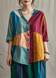 Boutique Colorblock Asymmetrical Patchwork Linen Shirt Tops Summer
