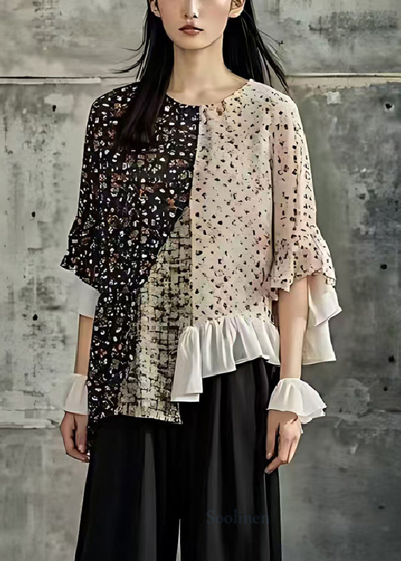 Boutique Colorblock Asymmetrical Patchwork Print Cotton Blouses Summer